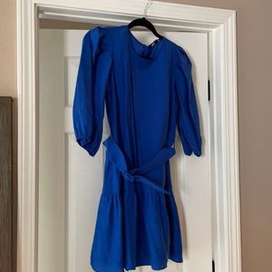 Rouched sleeve, belted, blue dress